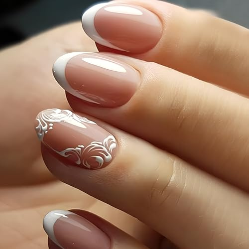 Boloshine 24Pcs French False Nails, Glitter Full Cover Press on Nails Acrylic Nail Tips, Glossy Short Square Fake Nails French Manicure, Stick on Nails for Women and Girls - Whispers Among Flowers