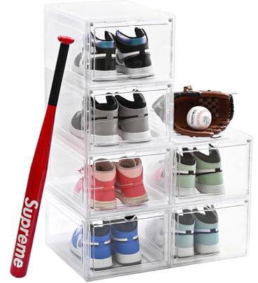 Uni HIMO Schuhbox mit transparenter Tür, Kunststoff-Schuhboxen, stapelbar, dick und stabil, Organizer für Sneaker, passend für Größe 40 (34,3 x 26,7 x 18,8 cm), Weiß, transparent, 6 Stück