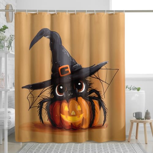 Tenda da doccia a forma di ragno di Halloween, graziosa decorazione per il bagno con zucche di ragno, zucche da strega, decorazione per il bagno di Halloween, divertente tenda da doccia in tessuto