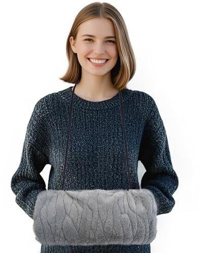 SwirlColor Manguitos Mujer, Diseño de Bolsillo con Correa Calentador de la Mano Muff de Piel Sintética - Ondulación gris