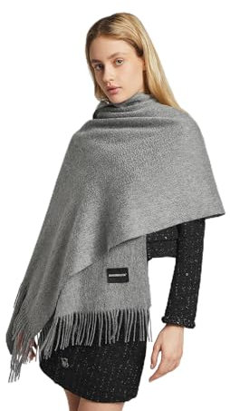 SHKOREKUTA Modischer Wollschal für Damen mit Fransen, Hellbraun und Grau, Grau, Large