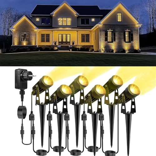 30m Gartenbeleuchtung mit Strom 6 Stücke Gartenstrahler LED Erdspieß Wasserdicht Gartenlampen für Draußen mit Adapter LED Außen Beleuchtung Garten Beleuchtungen 3000K Warmweiß für Außen Garten Yard