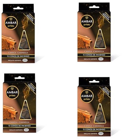Ambar Perfums Conos de Incienso Canela Pack de 4 (60 Conos en Total) con Soporte Incluido Incienso Aromático con Aceites Naturales y Fragancia Premium Relajación, Energía y Purificación del Hogar