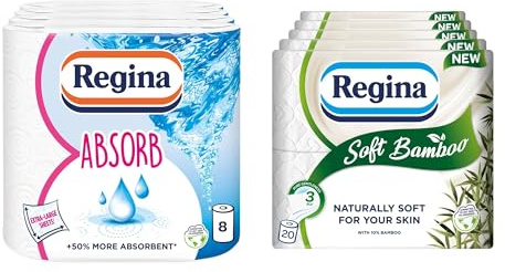 Regina Soft Bamboo, 20 Rolls + Regina Absorb, 12 Rolls | 160 Naturally Soft Sheets per Roll of Toilet Tissue and 75 Super Absorbent Sheets per Roll of Kitchen Towel