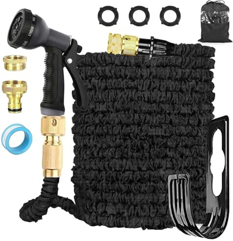 Tubo da giardino espandibile da 30 m con 8 modalità di spruzzatura, connettore in ottone resistente da 3/10,2 cm e 1/5,1 cm, ideale per giardinaggio e lavaggio auto, nero 30 m