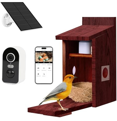 Fågelhus med 5 MP kamera, nestbox för utomhusbruk, 2,4 G WiFi & appmeddelande, titta på näckning och kläckning, automatisk inspelning av fågelvideor och rörelsedetektering, soldrift