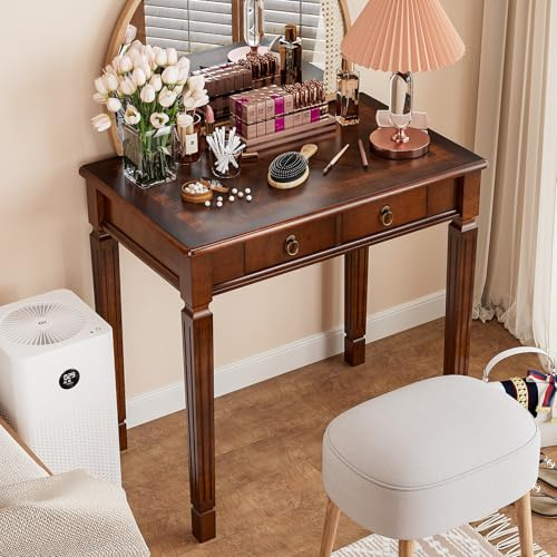 Petit bureau pour ordinateur avec 2 tiroirs de rangement, poste de travail en bois massif avec pieds sculptés, table de bureau à domicile, coiffeuse classique, facile à monter, en noyer de cerise
