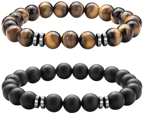 Mochity 3 stycken herrarmband, 8 mm naturstenar, armband herr tigeröga, svart obsidian armband, chakra-armband pärlarmband, Medium, Rostfritt stål, Rostfritt stål
