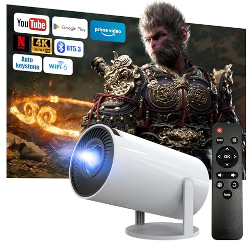 Proyector Portátil con Android 13, 2025 Actualizado 4k 1080P Full HD Soporte, Mini Portatil WiFi 6 BT 5.3, Proyector Cine en Casa para TV Stick/HDMI/USB/Laptop/Phone
