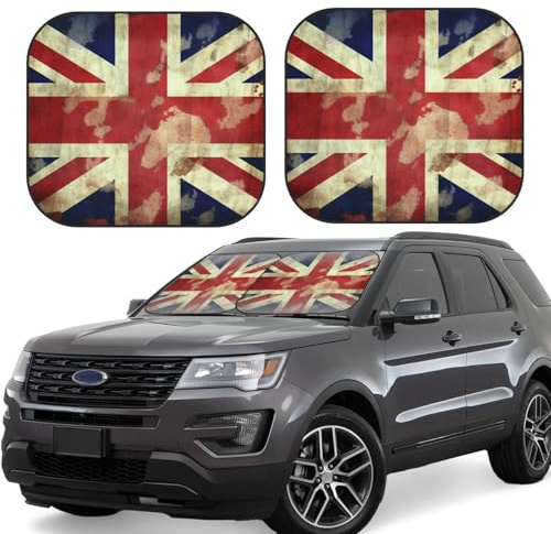 2pcs Windshield Sun Shade for Car, Folding Car Front Window Shades Cover Large Auto Sun Visor Shield Vintage Union Jack British Flag Automotive Interior for Most Sedans SUV Van Truck