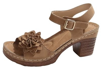 Sandaletter dam med klack, damsandaler med fotbädd komfortsandaler hälhöjning remsandal spänne retro sandaler blommor utomhussandaler lätta lädersandaler öppna strandskor, BRUN, 38 EU