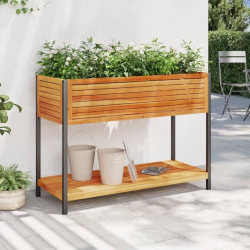 Iiaky Jardinière et étagère 110x45x80cm Bois Massif d'acacia et Acier,Jardiniere sur Pieds,Bac avec Treillis,Jardiniere Terrasse