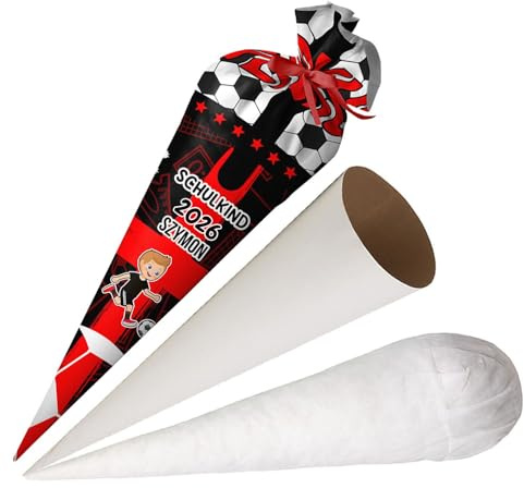 Ferocity Personalisierte Schultüte Fussball mit Namen für Jungen, 70 cm Zuckertüte aus Stoff mit runde Papprohling und Füllung aus Silikonkügelchen, große Tüte als Kissen, Model 6 [149]
