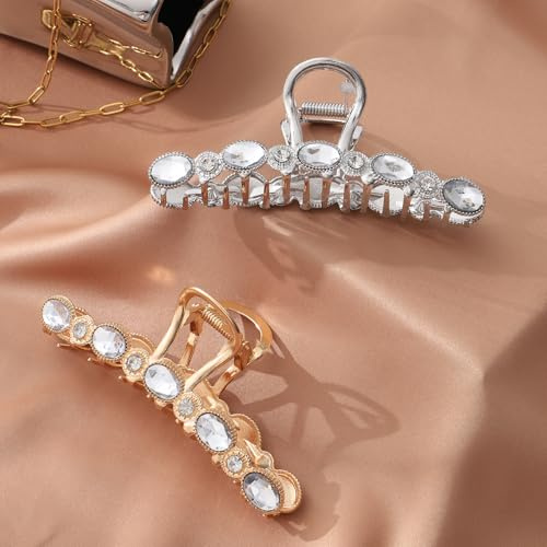 Pinze per Capelli Eleganti in Metallo Grandi Strass Mollettone Capelli Donna Fermaglio Capelli Metallo Dorato Antiscivolo Artiglio Capelli per Donne Ragazze Adatta per Capelli Lunghi e Spessi