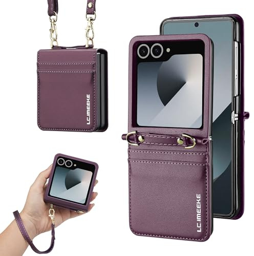 ZHOZEXIN Étui Portefeuille élégant en Cuir PU pour Samsung Galaxy Z Flip 7, avec Support, Fente pour Cartes, dragonne et bandoulière.（Violet）