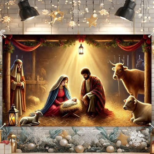 BlissYard Banner per presepe di Natale, 180 x 109 cm, sfondo per bambini con Gesù Mangiatoia Animali Stalla Decorazioni natalizie Grande tessuto in poliestere da parete Banner sfondo per ragazza o
