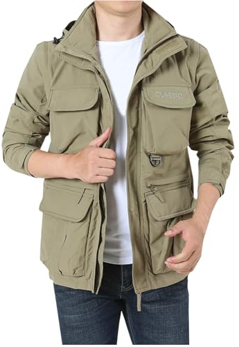 Uillui Mens Safari Jacket Hooded Outdoor Military Cargo Jacket Casual Lightweight Windproof Multi Pocket Fishing Hiking Coat