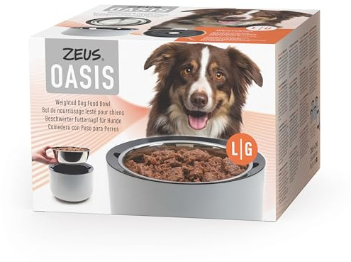 Zeus Oasis Weighted Dog Food and Water Bowl, Light Grey, Large | Ergonomic height. Soft anti-skid pads. Stainless-Steel Insert.