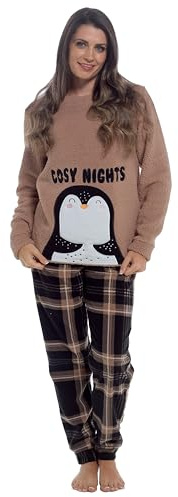 Daisy Dreamer Womens Snuggle Fleece Pyjama Set Ladies Loungewear Pyjamas Warm Soft Fleece Pj Lounge Sets, PENGUIN MEDIUM