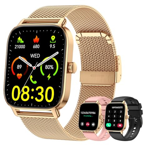 Reloj Inteligente Mujer Smartwatch con Llamadas: Oro Bluetooth Impermeable Smart Watch Hombre Deportivo Pulsera Actividad Pulsómetro Monitor Sueño Digital Fitness Tracker Podómetro para ios Android