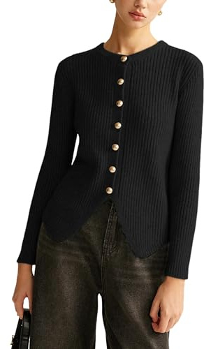 Yeokou Women's Split Cardigan Gold Button Down Cable Knit Fall Winter Sweater Knitwear(Black-S)