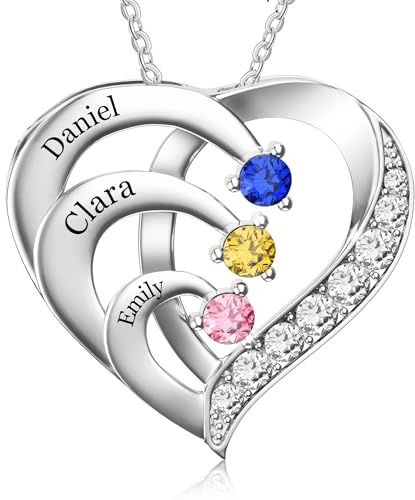 Easycosy Muttertagsgeschenk Namenskette mit Gravur - personalisierte Kette Damen silber 925 mit 2 3 4 Namen Herz Anhänger Geburtssteinen Halskette - Muttertag Geschenk für Mama Frauen Freundin Oma