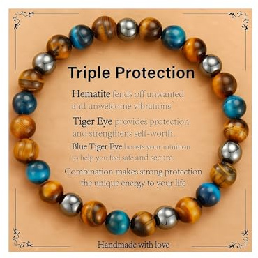 Triple Protection Bracelet for Men, Tiger Eye Bracelet, Mens 8mm Black Obsidian Hematite Natural Stone Beaded Bracelet, health bracelets Jewelry Gifts for Birthday Everyday Meaningful Gift（Blue）