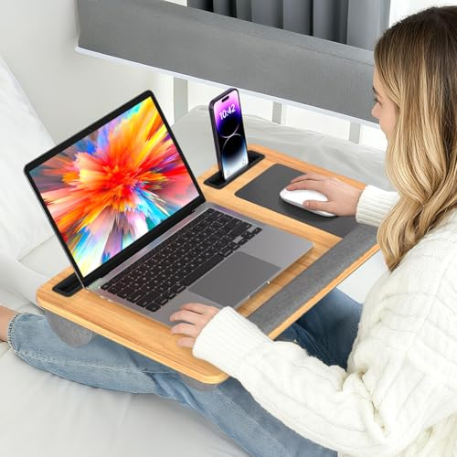 ISOISL Laptopkissen Groß & Ergonomisch mit Handgelenkauflage & gepolsterter Unterseite – Laptoptisch für Bett, Sofa und Büro, bis 17 Zoll, inkl. Handyhalter & Tragergriff