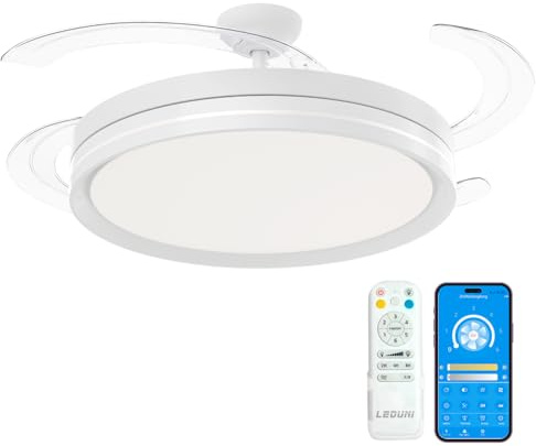 LEDUNI Ventilador con Luz LED con mando+APP 66W 8280LM temporizador | Motor DC +Luz LED, 6 velocidades, 4 aspas retráctiles, 3 temperaturas de luz, función verano-invierno Silencioso (Blanco)