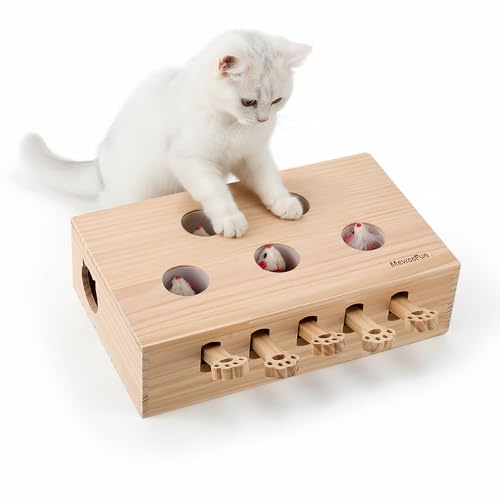 Katzenspielzeug, Interaktives Katzenspielzeug Maulwurf Spiel Puzzle Box mit 5 Löcher, Intelligenzspielzeug für Katzen Puzzle, Katzenspielzeug Aus Holz für Gelangweilte Innenbereich Kitten Katze