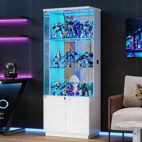 Lvifur 71''Display Cabinets - with Glass Doors &3 Color Lights,Curio Cabinet for Collectibles,3-Tier Bookcase,Adjustable Shelf,Display Cases with Body Sensor,Lockable,Drawers for Living Room（White）