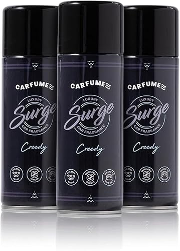 Carfume Creedy Spray désodorisant pour voiture longue durée, parfum luxueux aux notes de musc, ambre gris et genévrier, accessoire auto pour homme, fabriqué au Royaume-Uni (lot de 3)