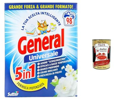 Italian Gourmet Detergente en polvo universal 5,4 kg 98 lavados – Detergente completo para ropa blanca y colorida, fórmula 5 en 1, resistente a las manchas, frescura y limpieza profunda