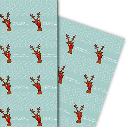 Lustiges Weihnachtspapier Set (4 Bogen) mit grafischen Weihnachts Sternen und Elch fröhliche Weihnachten als Geschenkverpackung zu Nikolaus, Advent, Weihnachten 32 x 48cm, in hellblau
