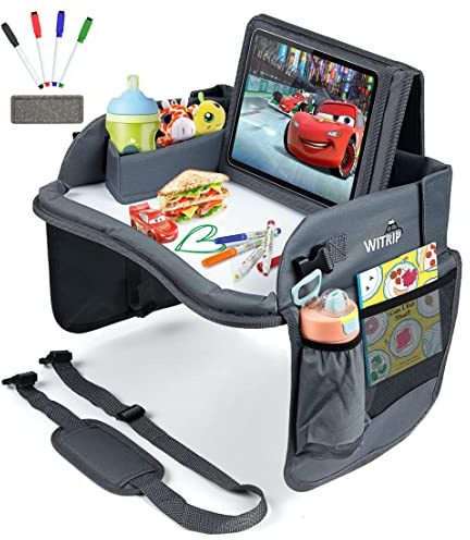 Kids Travel Tray with Dry Erase Board, Car Seat Lap for Food & Play Activity, Carseat Table Trays for Toddler, Kid Activity Desk for Air Travel, No-Drop Tablet Holder & Borders (All Grey)