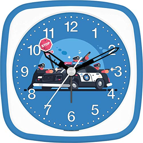Eurotime Wecker Jungen Polizei Action Schusswechsel, Kinderwecker, Hellblau Blau, Kunststoffgehäuse und Kunststoffglas, geräuscharmer Wecker, ohne Ticken, mit Licht und Weckwiederholung, 27125-08