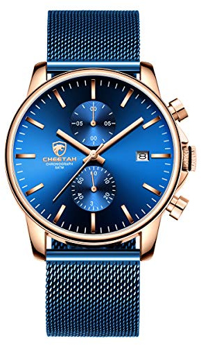 GOLDEN HOUR Montre à Quartz analogique Tendance et Minimaliste en Maille d'acier Inoxydable étanche chronographe pour Homme avec Date Automatique