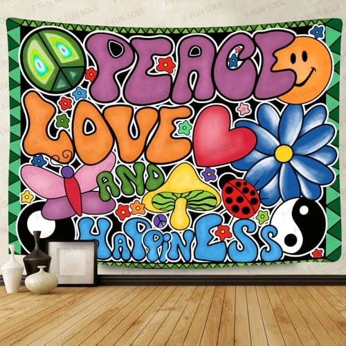 Motiv: Peace Love and Happiness,groß,203,2 x 152,4 cm,weiche Baumwolle,Pilz-Gossip Nature Sence psychedelische Wandteppiche im 70er-Jahre-Stil,Wandbehang für Schlafzimmer,Wohnzimmer,Dekoration