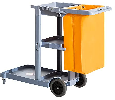 HOMCOM Carrello Pulizie Professionale a 3 Ripiani con Ganci per Scopa e Sacco da 100L, Carrello con Ruote Multiuso in Plastica, 121x50.5x96.5 cm, Giallo e Grigio