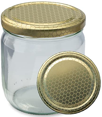 Imkado Twist-Off-Gläser (36 Stk) mit Metalldeckel (500g), abgerundeter Boden, Honigglas, Marmeladenglas (Deckel: Gold Waben)