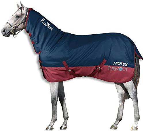 Horses, Turnout Full Neck Pferdedecke 400 g, wasserdicht, mit festem Nackenschutz, strapazierfähig, mit Kreuzriemen, Blau/Bordeaux, 110 cm