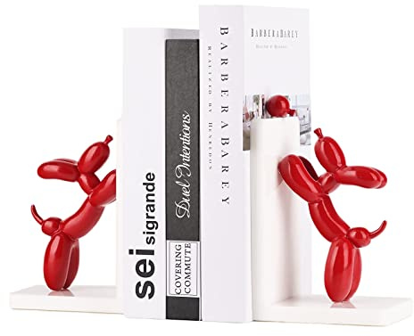 ZHANYUN Harz Ballonhund Buchstützen, Moderne Hundestatue, Buchstützen Regal, Schwere Buchstütze zum Halten von Büchern, Bücherregal, Büro, Zuhause(Rot-2)