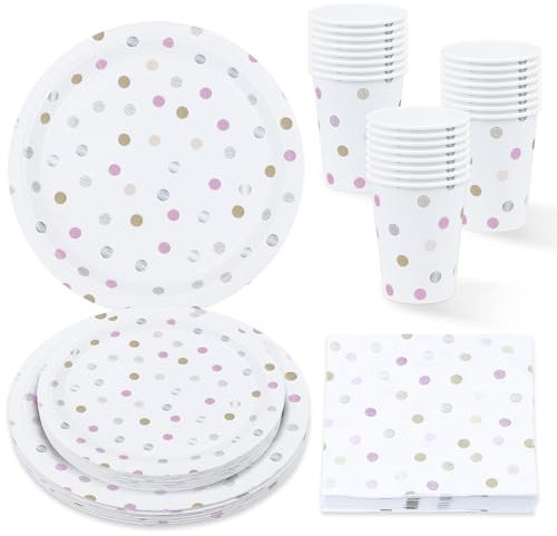 ZVK Stoviglie per feste, 96 pezzi Colorato Pois Piatti di carta, Bicchieri, Tovaglioli per feste usa e getta, Stoviglie di carta monouso