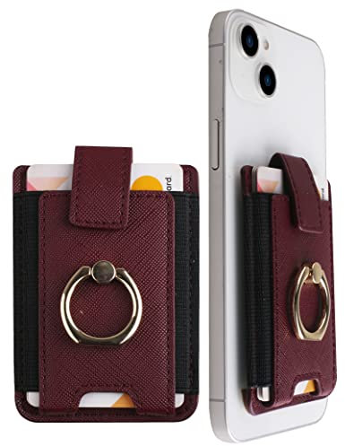 CHEAP SUNDAY Phone Wallet with Ring Holder Stick On, Apple Phone Wallet Card Holder RFID Blocking for iPhone and Galaxy ID Card Holder for Phone Case Fit 7 Cards, Burgandy, Sticky Ring Phone Wallet