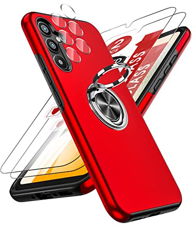 LeYi for Samsung Galaxy A34 Phone Case with 2 Screen and 2 Lens Protector | Heavy Duty Protection Shockproof Cover with Built-in Ring Holder Lightweight Phone Case Red