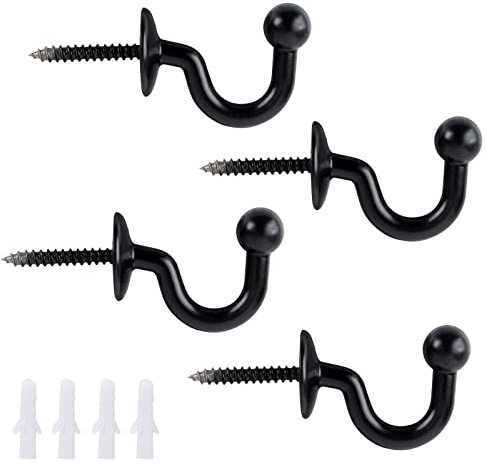 GWAWG 4 Stück Vorhang-Raffhalter-Haken, elegant, schwarz, poliert, Kugelende, Haken halten Ihre Vorhänge, Kleidung, Mäntel sicher