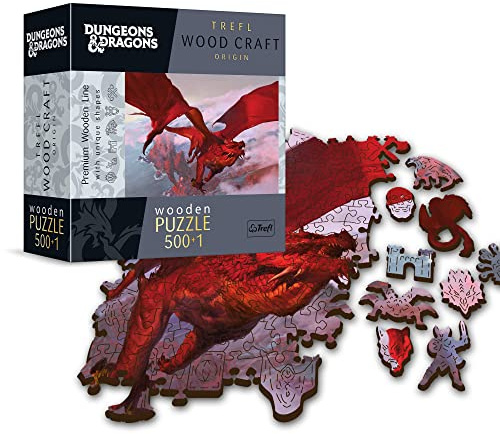 Trefl - Holzpuzzle: Dungeons & Dragons, Ancient Red Dragon - 500+1 Teile, Wood Craft, unregelmäßige Formen, 50 Figuren, modernes Premium-Puzzle, für Erwachsene und Kinder ab 12 Jahren