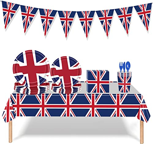 TRIXES Union Jack Tableware Set – 82PCS Set – Paper Plates, Paper Cups, Napkins, Table Cover and So Much More – Perfect for Celebrations