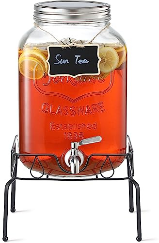 2 Gallon Glass Beverage Dispenser with Stand and Lid, 18/8 Stainless Steel Spigot - Glass Drink Dispensers for Parties - Mason Jar Drink Dispensers with Lids