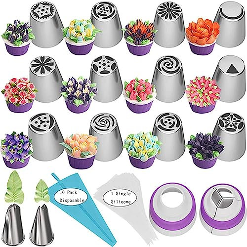 27 Stück Torten Dekoration Russian Piping Nozzles Set 12 Edelstahl Spritztüllen Set 2 Düsenkonverter 10 Einweg-Beutel 1 Silkon Wiederverwendbar Spritzbeutel für Torten Keksen Dekoration